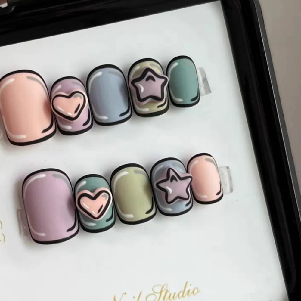 3D Pop Art Cartoon Press On Nails Kawaii Pastel Heart & Star Size Small